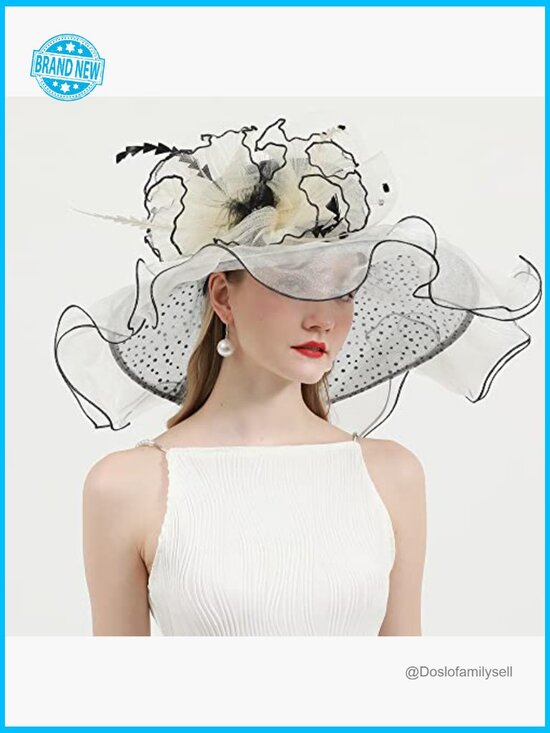 Fascinator Hat Wide Brim Feather Organza Derby British Church Wedding Tea Party main image 5